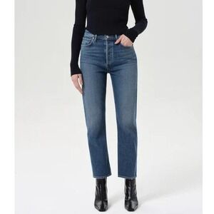 AGOLDE Jeans Womens Sz 27 Blue Straight Crop Button Fly Premium Denim High Rise